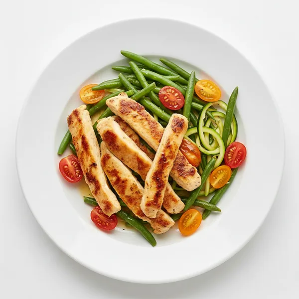 Pan-Seared Cilantro Chicken with Zucchini Green Beans and Cherry Tomatoes